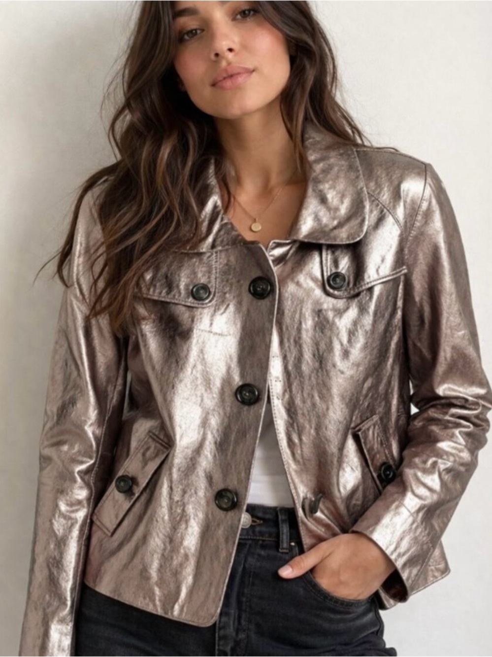 Jones of New York Metallic Leather Silver Women's Button-Front Jacket 🩶